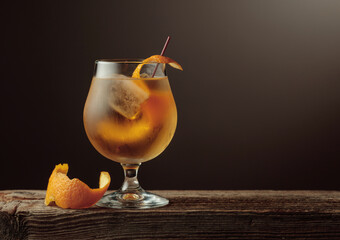 Old Fashioned cocktail with a ice, garnished with an orange peel on a old wooden board.