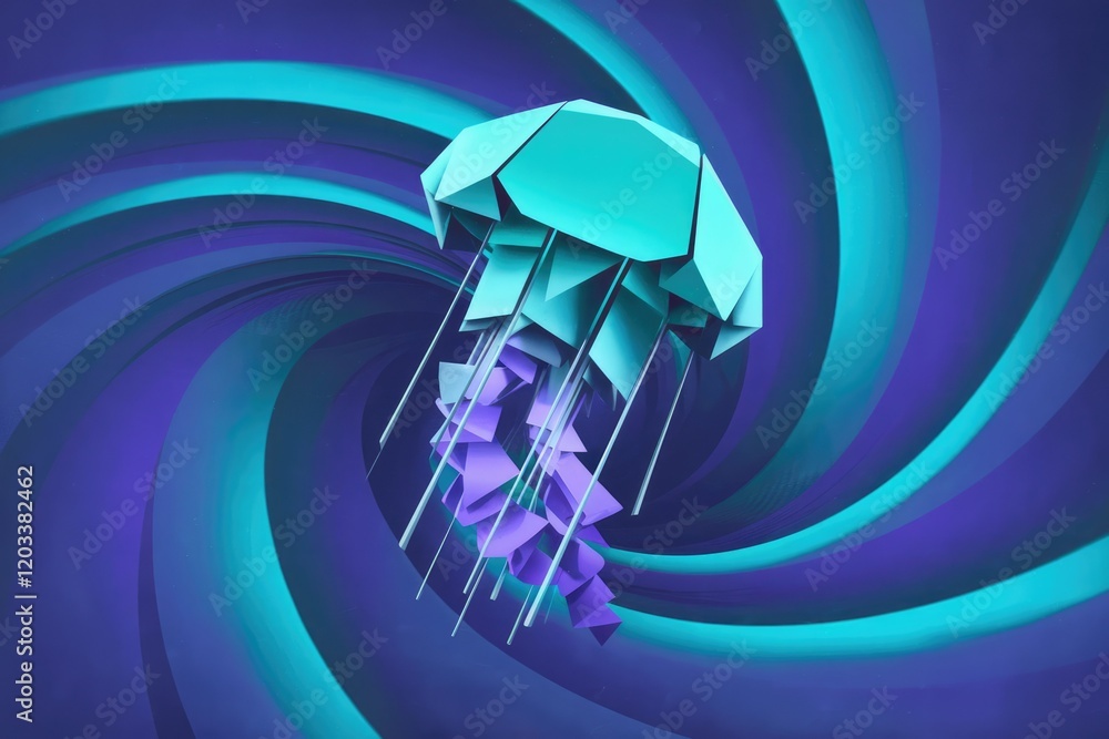 Poster abstract 3d rendering of a jellyfish in a swirling, vibrant teal and purple vortex.