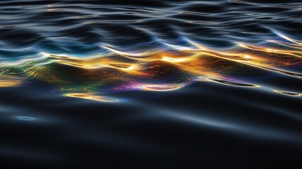 Abstract iridescent water surface waves, colorful light reflections on dark water, shimmering texture, nature background