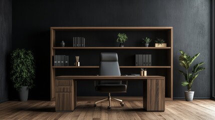 A modern office interior with a desk, chair, and shelving units against a dark wall on a wooden floor, concept of a corporate workspace.