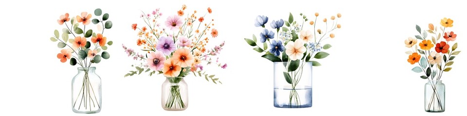 Fototapeta premium Wildflower collection set watercolor concept. Colorful floral arrangements in jars, showcasing vibrant blossoms and greenery.