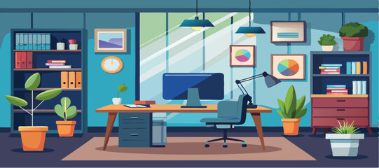 Office Workplace interior With Computer Table Vector