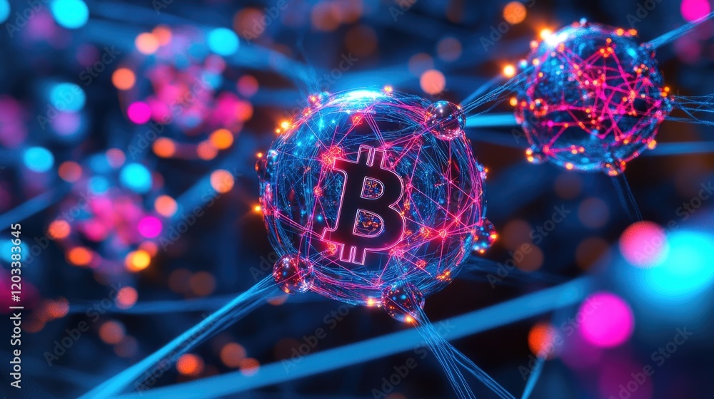 Poster 3d-rendered neural network spheres forming an atom, highlighting cryptocurrency and ai concepts in a