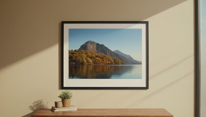 A framed photograph of a mountain landscape hanging on the wall above a wooden shelf with small plants, illuminated by natural light