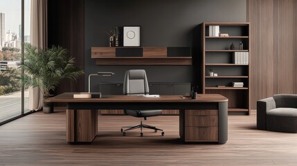 A modern office interior with a desk, chair, and shelving units against a dark wall on a wooden floor, concept of a corporate workspace.