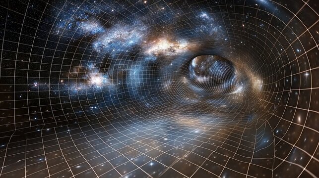 Cosmic wormhole tunnel through space-time continuum with galaxies.