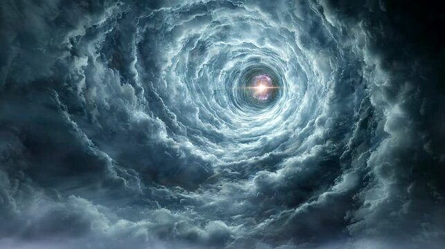 Spiral cosmic vortex with glowing light at its center surrounded by stormy clouds. Space and mystery concept. Seamless loop video background