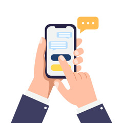 Hand holding smartphone with digital communication and technology concept