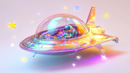 A cute, brightly colored spaceship with a transparent dome and tiny alien pilot inside, surrounded by a few floating stars