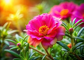 Obraz premium Close-up of vibrant Moss Rose Portulaca Grandiflora blossoms, a summer garden explosion of color.