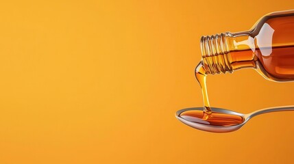 Syrup bottle pouring into spoon, traditional treatment visual, 3D illustration