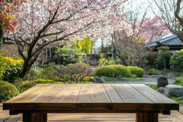Naklejka premium Tranquil Japanese Garden with Cherry Blossom Trees and Wooden Table Overlooking a Scenic View of Nature and Blooming Flora in Spring