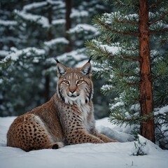 Fototapeta premium A lynx resting under a pine tree in a winter forest.
