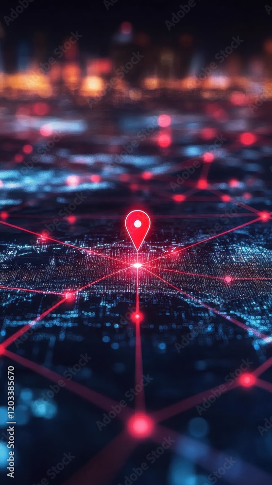 Poster global network connection digital map with red location pin and city lights