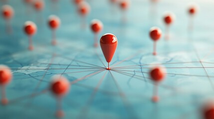 Centralized Network Hub Red Pins Connected on a World Map