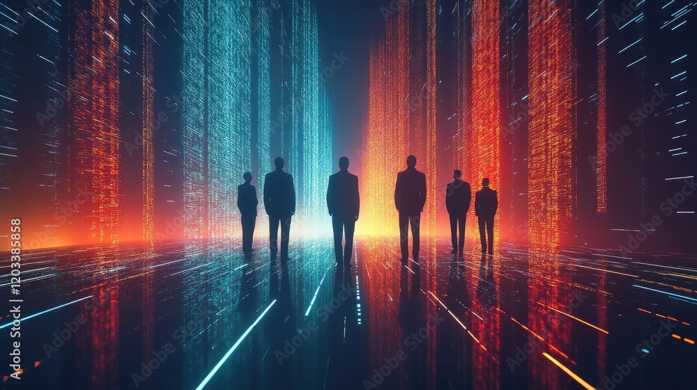 Aufkleber a conceptual image of leaders standing in a digital corridor, illuminated by vibrant lights that sym