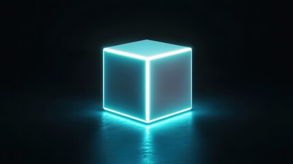 Glowing neon blue cube in a dark environment with futuristic abstract design