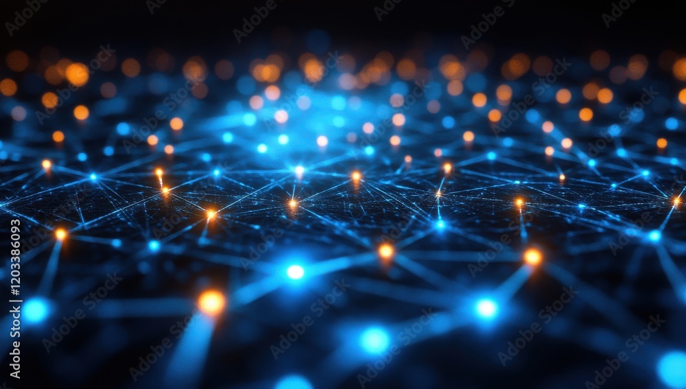 Poster abstract digital network connection with glowing blue and orange nodes on a dark background showcasi