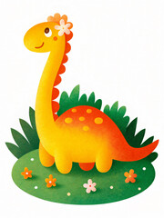 Cute Cartoon Dinosaur with Flower on Head in a Colorful Landscape