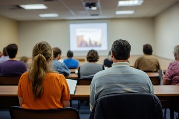 Group of Attentive Individuals Participating in a Presentation in a Conference Room with a Projector Screen Showing Images and Ideas Discussed During the Meeting