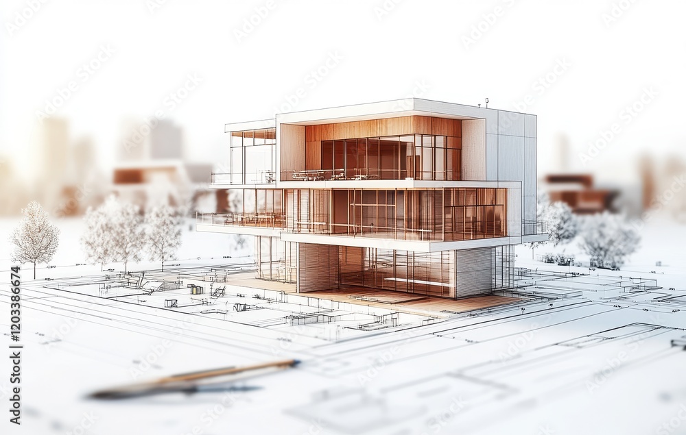Poster modern architectural design of a stylish building in soft focus with blueprint background for creati