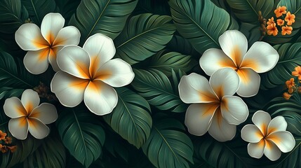 Obraz premium Stunning seamless design of exotic tropical flowers interspersed with rich green banana and palm leaves rendered in a handdrawn style against a moody dark backdrop ideal for upscale interiors
