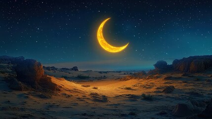 Golden Crescent Moon Illuminates Desert Landscape Under Starlit Night Sky