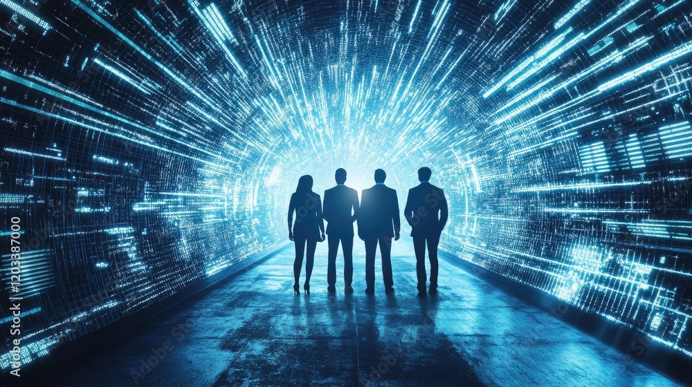 Aufkleber a dynamic scene of executives standing in a futuristic tunnel of glowing lights, representing techno