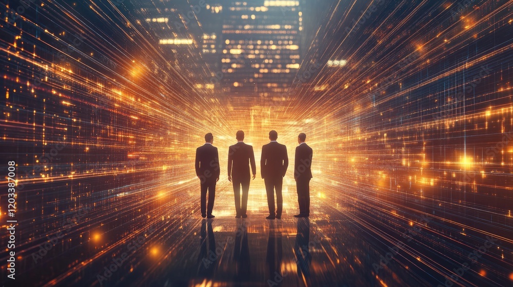 Poster a dynamic scene of executives standing in a futuristic tunnel of glowing lights, representing techno