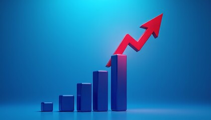 Stylized blue bar graph with a red upward arrow on a vibrant blue background.