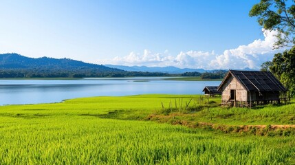 Fototapeta premium Serene lake and hut landscape