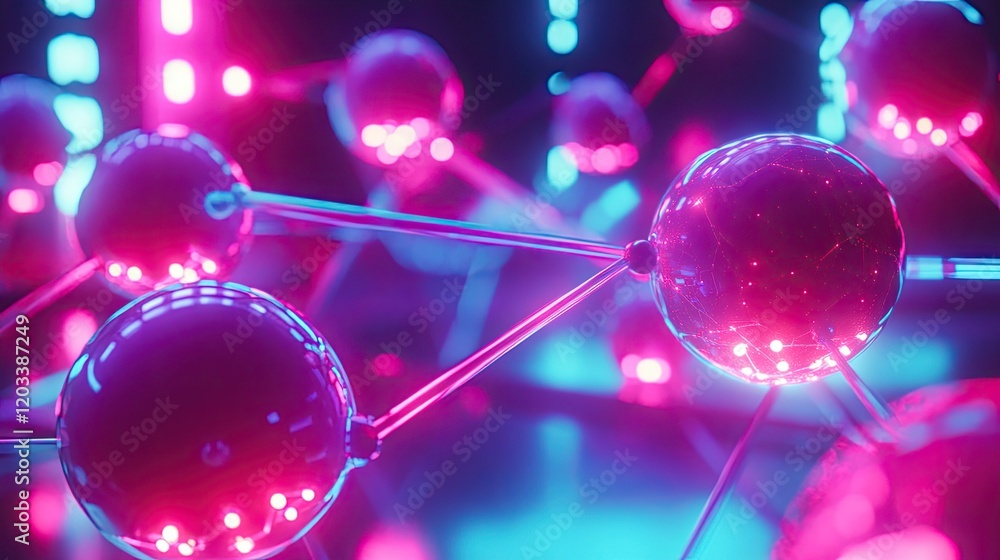 Poster a futuristic depiction of neural network spheres in an atom shape, connected by glowing lines within