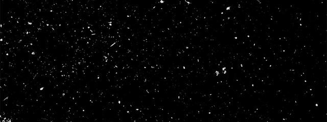 Film grain overlay. Vector snow effect pattern. Abstract starry night sky background. White speckles on black backdrop. Grungy gritty noisy urban texture. Random dots and flecks for old photo effect