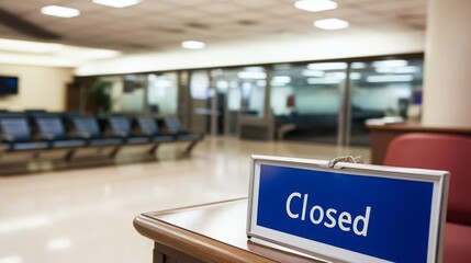 Fototapeta premium Closed airport counter with empty chairs and a sign indicating no flights available. A symbol of travel disruption and unexpected changes in plans.