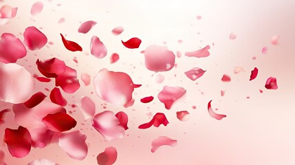 A gentle shower of pink and red rose petals on a light pink background, perfect for seasonal sales banners.