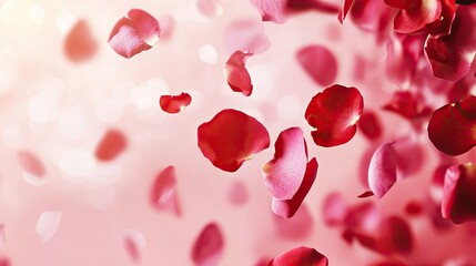 A gentle shower of pink and red rose petals on a light pink background, perfect for seasonal sales banners.