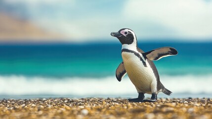 Fototapeta premium A Lone Penguin Strolls on Pebble Beach with Ocean Horizon
