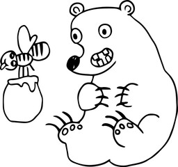 A surprised bear sits with his mouth open and looks at a bee flying away from him with its tongue hanging out with a pot of honey