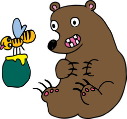 surprised brown bear sits with open mouth and looks at bee flying away from him with tongue hanging out with green pot of yellow honey