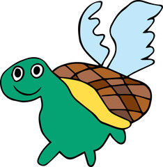 smiling funny green turtle with wings on brown shell looking at camera