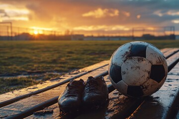 A Pair of Worn Soccer Shoes and a Scuffed Ball Resting on a Wooden Bench with a Stunning Sunset Over an Empty Field in the Background