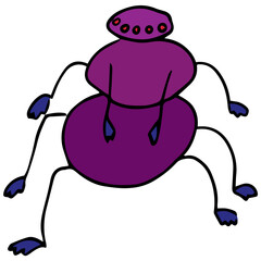 a large purple spider with eight blue legs and a large number of red eyes without pupils stands and looks at the camera