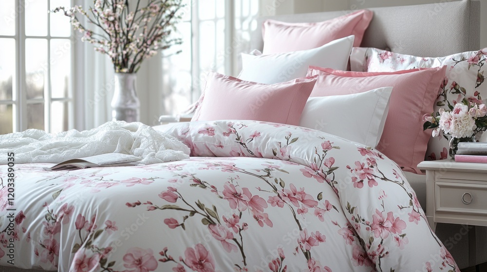 Poster a modern bedroom features soft pink bedding and delicate floral patterns, creating a serene atmosphe