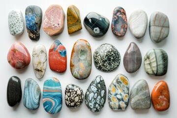 Polished gemstones with various textures and colors are displayed on a white background, creating an interesting visual contrast