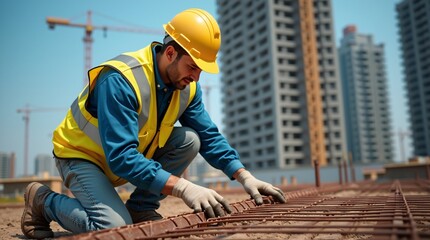 A construction worker is seen kneeling on a building site, focusing intently on his task. 