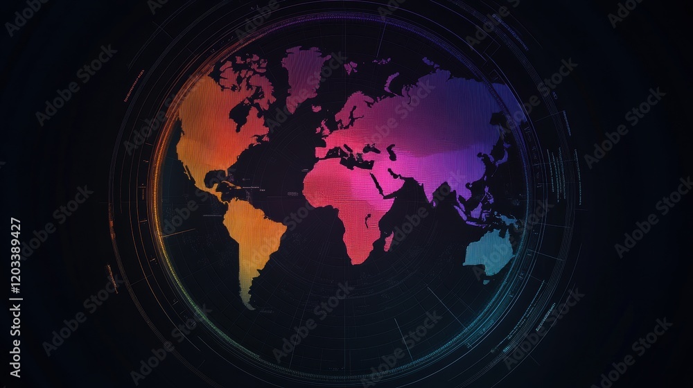 Poster global network abstract world map with futuristic hud interface