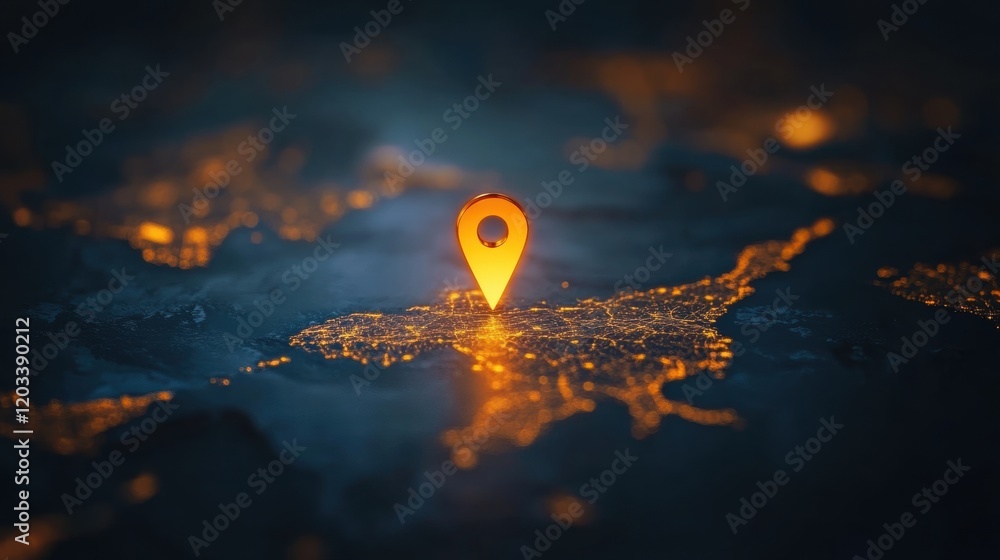 Poster golden location pin on illuminated world map global navigation concept