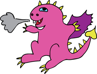 funny cute pink dragon with yellow claws and yellow sharp spikes on his back with purple wings and tail blows smoke out of his mouth