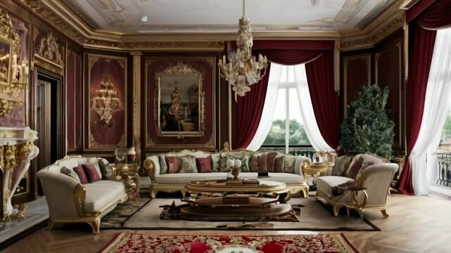 a luxurious living room, decorated with ornate gold frames, trim, and furniture