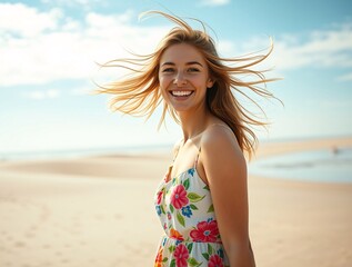 Naklejka premium Young woman enjoying a sunny day at the beach, wearing a colorful floral dress